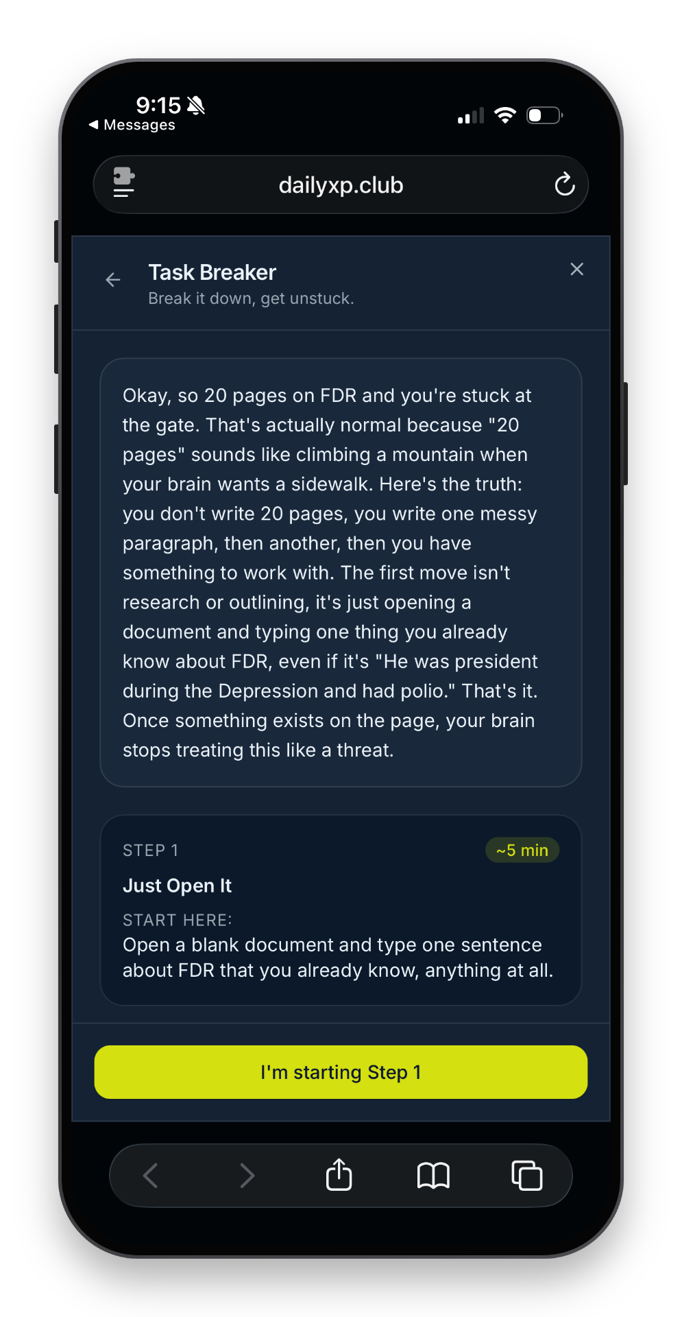 Task Breaker tool on a phone — breaks a 20-page assignment into a 5-minute first step