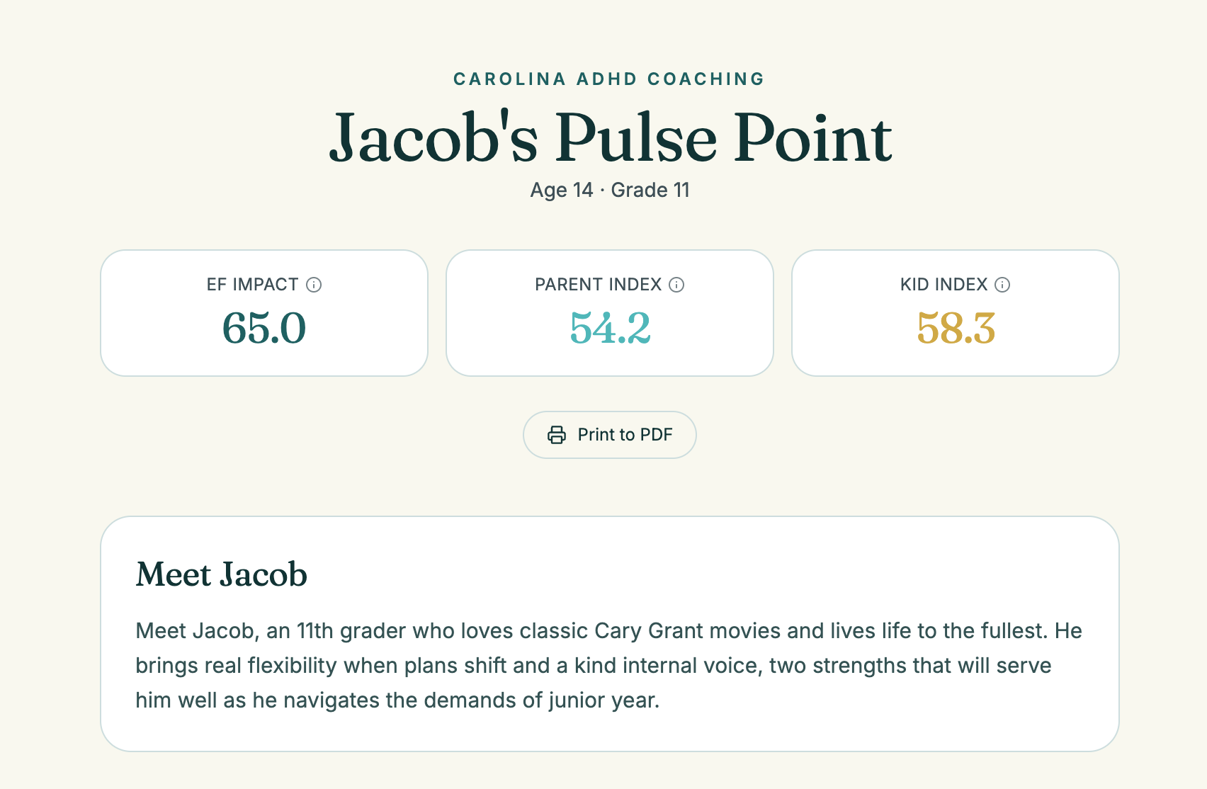 Student Pulse Point — overview with EF Impact, Parent Index, and Kid Index scores