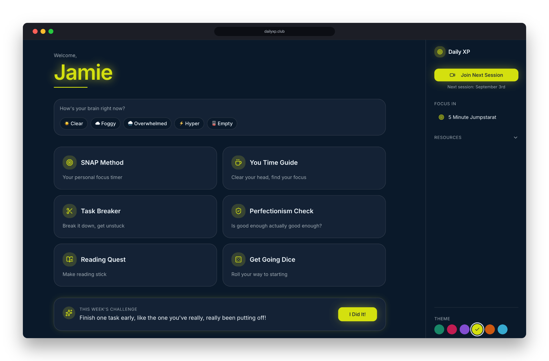 Daily XP dashboard themed lime green for student Jamie