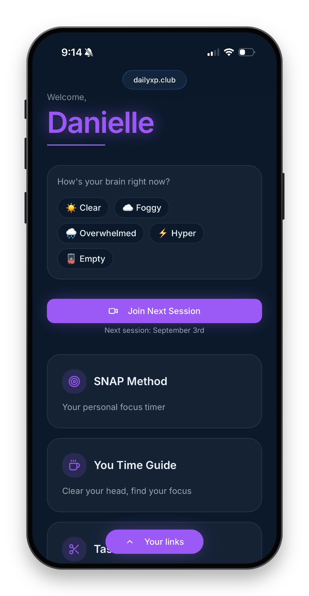 Daily XP home screen on a phone — purple theme for student Danielle